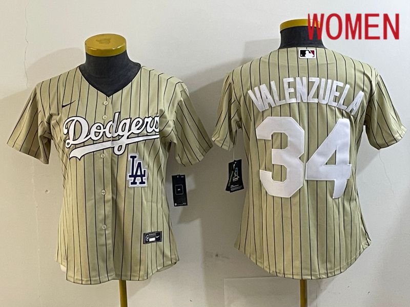 Women Los Angeles Dodgers #34 Valenzuela Green Stripe Game 2024 Nike MLB Jersey style 6